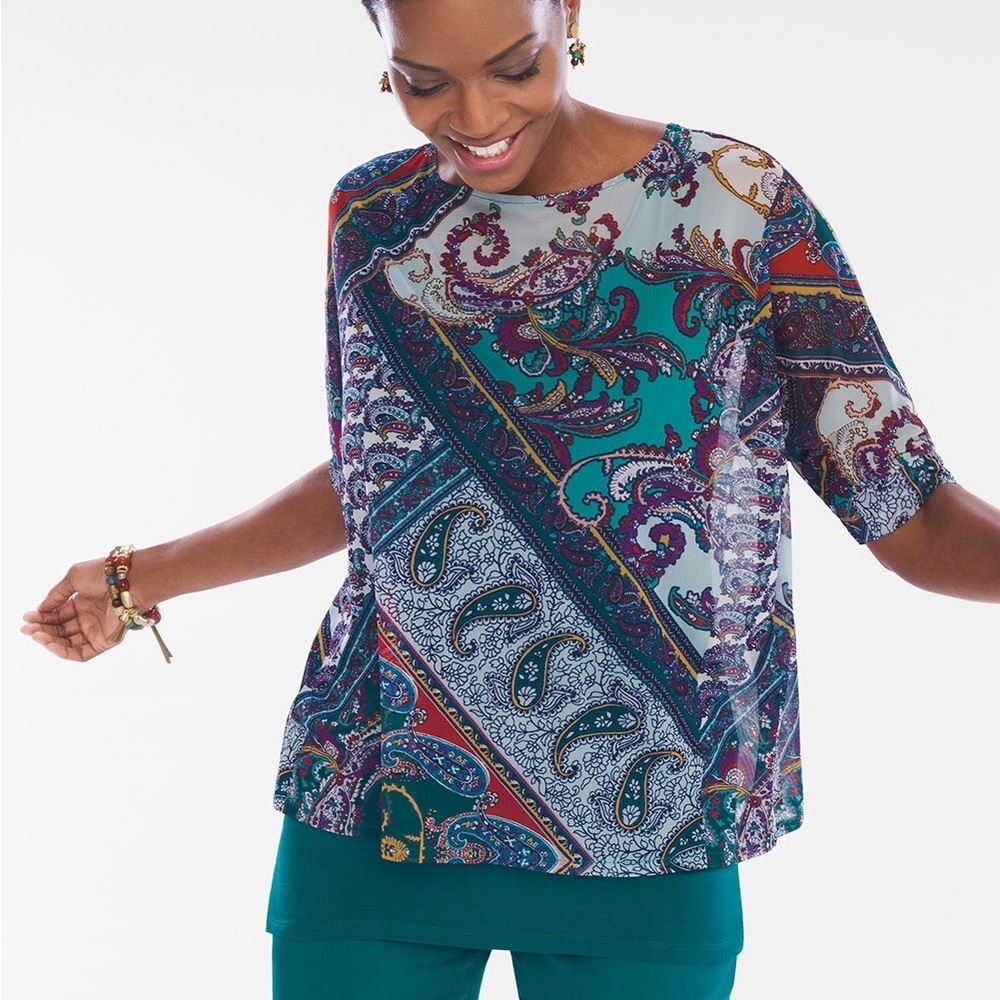 CHICOS Paisley Overlay Top, Like New